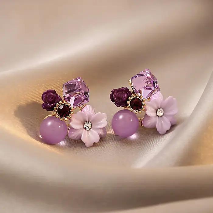 Boucles d'oreilles à fleurs en cristal violet pour femmes bijoux mode coréenne élégants pour mariage et occasions spéciales