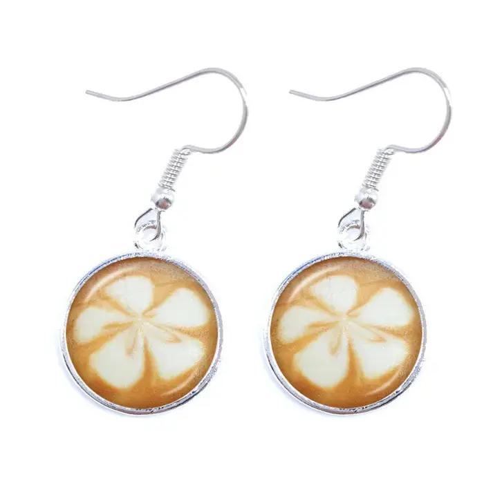 Café Latte sculpture amour coeur Art boucles d'oreilles chocolat impression fleur trèfle à quatre fe