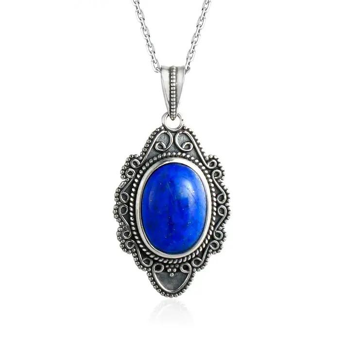 Collier en argent S925, pendentifs ovales Vintage en Lapis, bijoux pour femmes, cadeaux de fête d'anniversaire, bijoux fins