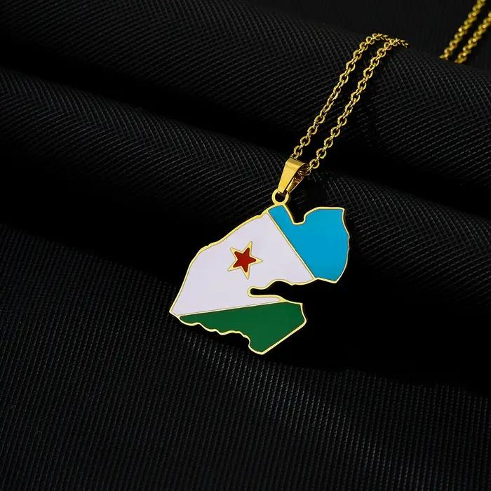 Collier carte de Djibouti en acier inoxydable émaillé pour homme et femme bijou ethnique patriotique accessoire tendance à offrir pour événements spéciaux