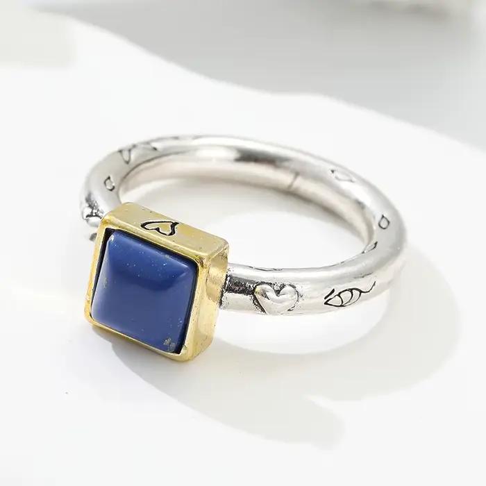 Bague vintage pour femme en imitation lapis-lazuli incrusté