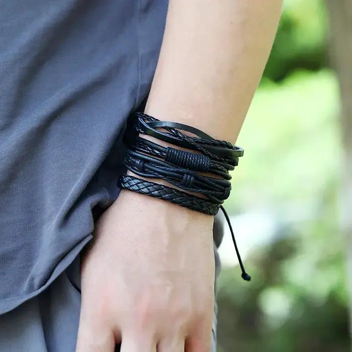 Ensemble de bracelets en cuir noir tressé à la main unisexe