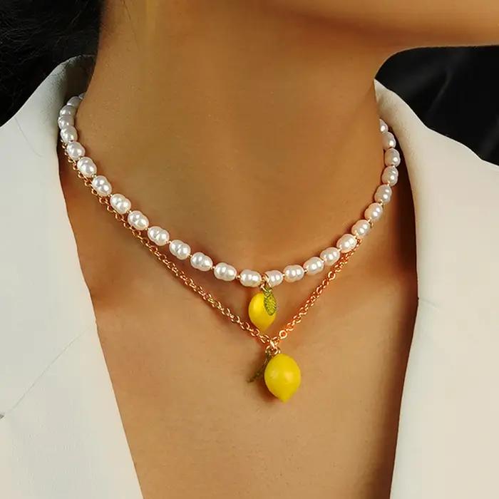 Collier de perles citronné avec breloque pour femmes, bijoux Y2K mignons et romantiques pour occasions spéciales
