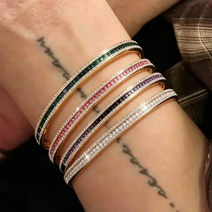 Bracelet Yupsk en acier inoxydable incrusté de zircons géométriques multicolores pour femmes