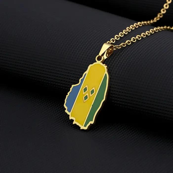 Colliers pendentifs drapeau de la carte de Saint-Vincent-et-les-Grenadines en acier inoxydable