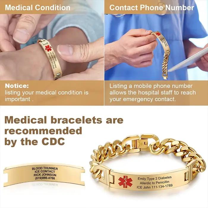 Bracelet d'urgence personnalisé avec informations médicales gravées en acier inoxydable pour femmes et hommes occasions spéciales identité médicale tracker humeur