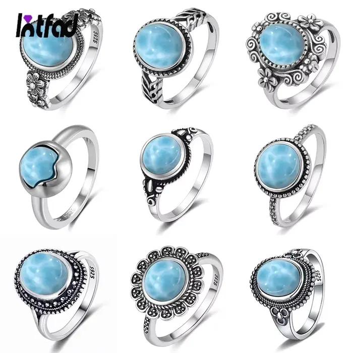 Bague vintage en argent 925 avec pierre de larimar naturelle