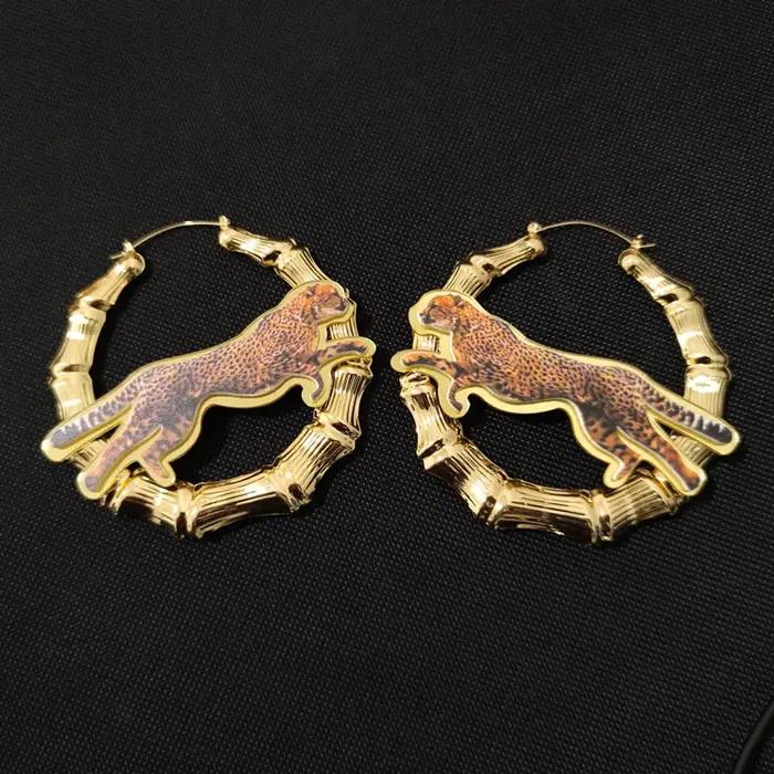 Grandes Boucles d'Oreilles en Bambou Imprimé Léopard pour Femme