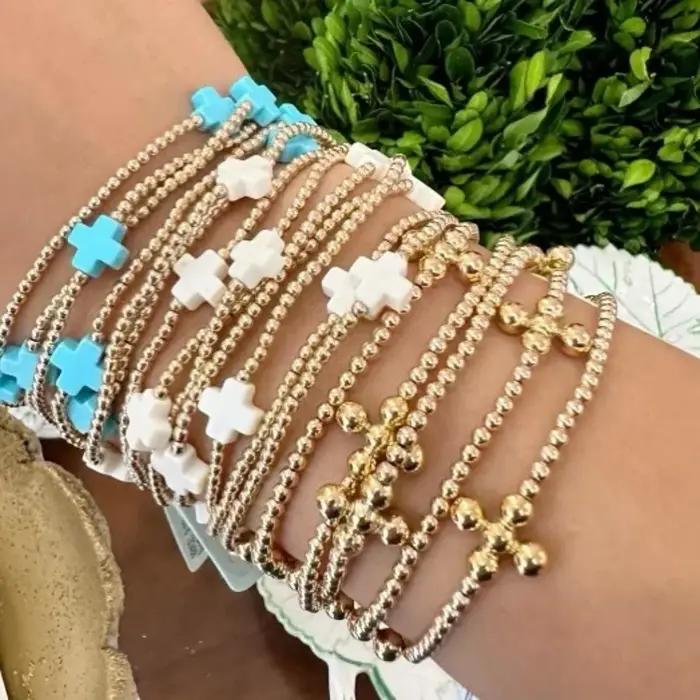 Vlen Bracelet à breloques croix 3mm plaqué or 18 K perles Bracelets pour femme empilable Boho Pulseras bijoux