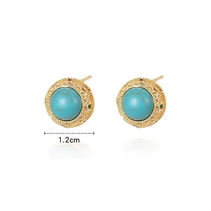 Boucles d'oreilles rondes rétro Turquoise 2025, bijoux avec bordure couleur or, accessoires inhabituels pour fête de mariage pour femmes et filles, cadeaux polyvalents
