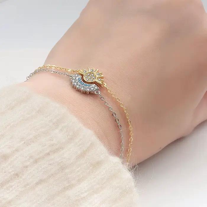 YILUOCD 2 pièces Bracelet soleil et lune en zircone cubique scintillante pour femmes ensemble de bracelets de Couple réglables cadeau de bijoux de fête de mariage