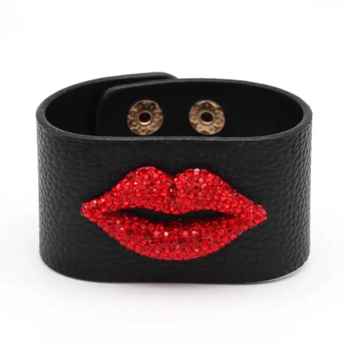 Bracelets en cuir avec pendentif bouche et baiser pour femme, bijoux fantaisie, cristal rouge, Jules
