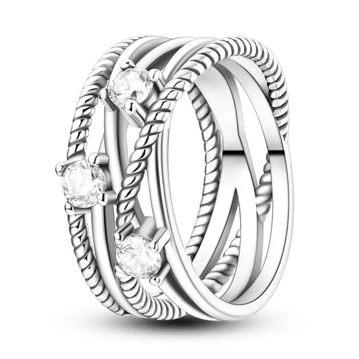 Bague torsadée en argent sterling 925 pour femme, incrustée de zirconiums cubiques, délicate, empila