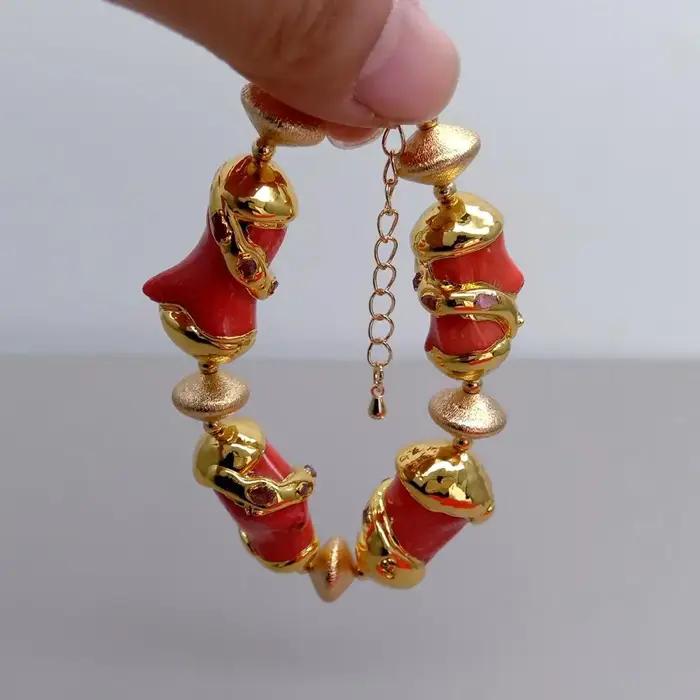yygem Bracelet pépite plaquée or corail orange
