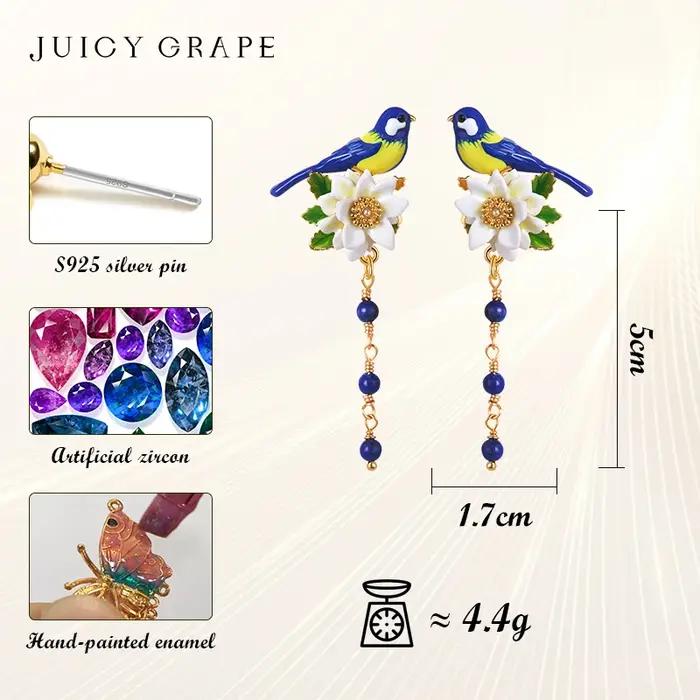 Boucles d'oreilles pompon oiseau bleu fleur blanche