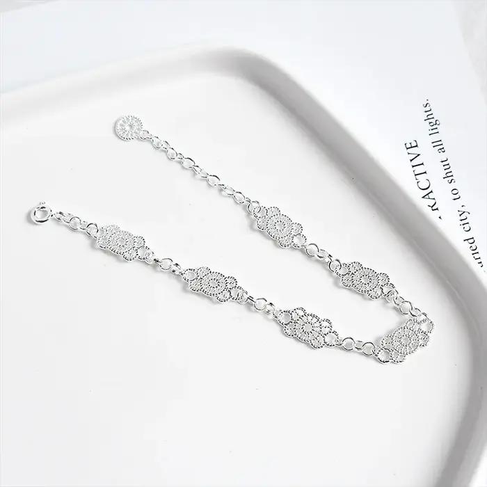 Bracelet en argent sterling 925 dentelle élégant pour femmes motifs géométriques fine bijou occasions spéciales