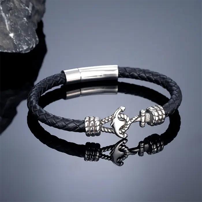 Bracelets d'ancre en cuir tressé noir/rouge/bleu 6mm pour femmes et hommes