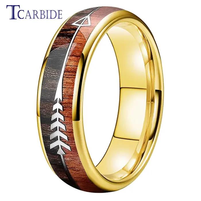 Bague en carbure de tungstène 6MM 8MM pour hommes et femmes avec incrustation double bois et flèche en acier