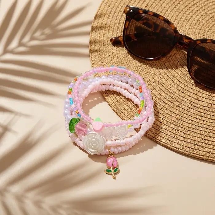 Ensemble de bracelets délicats à fleurs et perles pour femmes