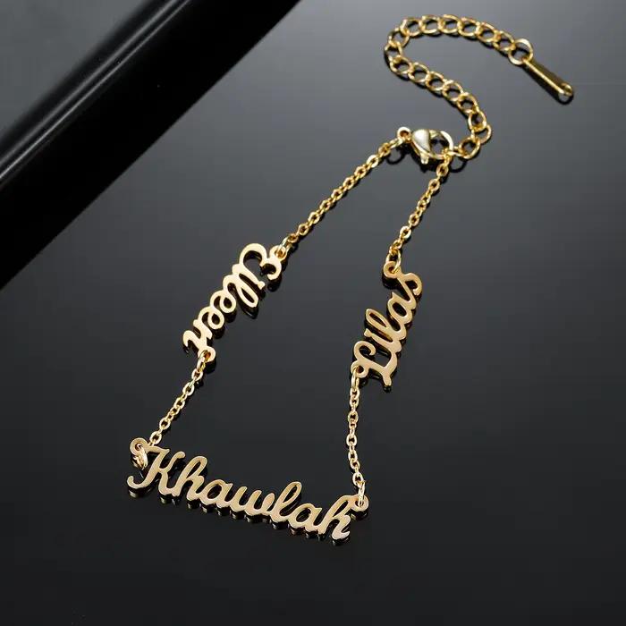 Bracelet personnalisé avec trois noms pour femme en acier inoxydable doré, cadeau d'amour pour occasions spéciales comme anniversaire, fiançailles et Noël