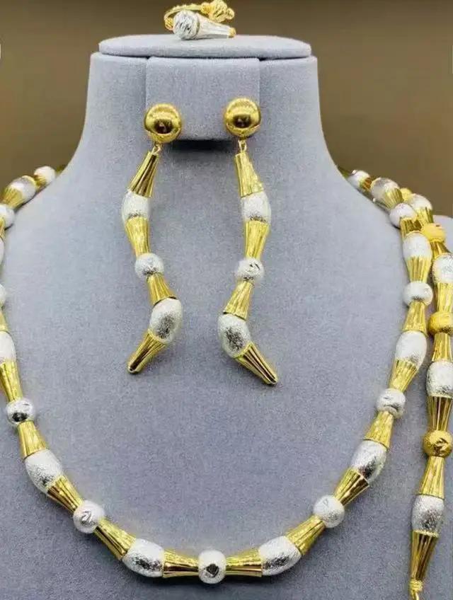 Parure de bijoux en perles de bambou africaines plaquée or 24 carats pour femme