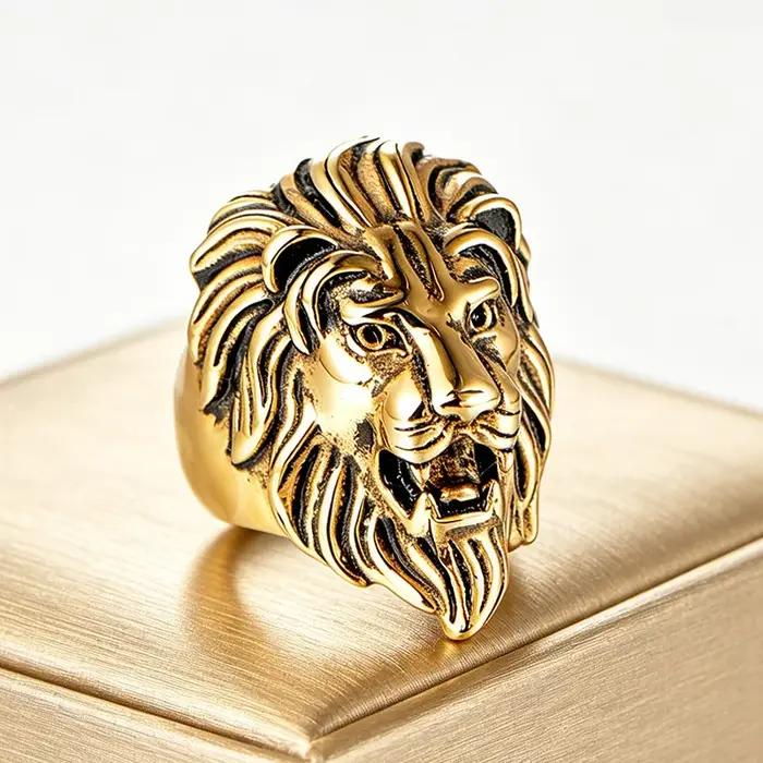 Bague Vintage Tête de Lion Dorée pour Hommes Bague Chevalière Style Hip Hop Rock Biker Bijou de Doigt Tendance Occasions Spéciales