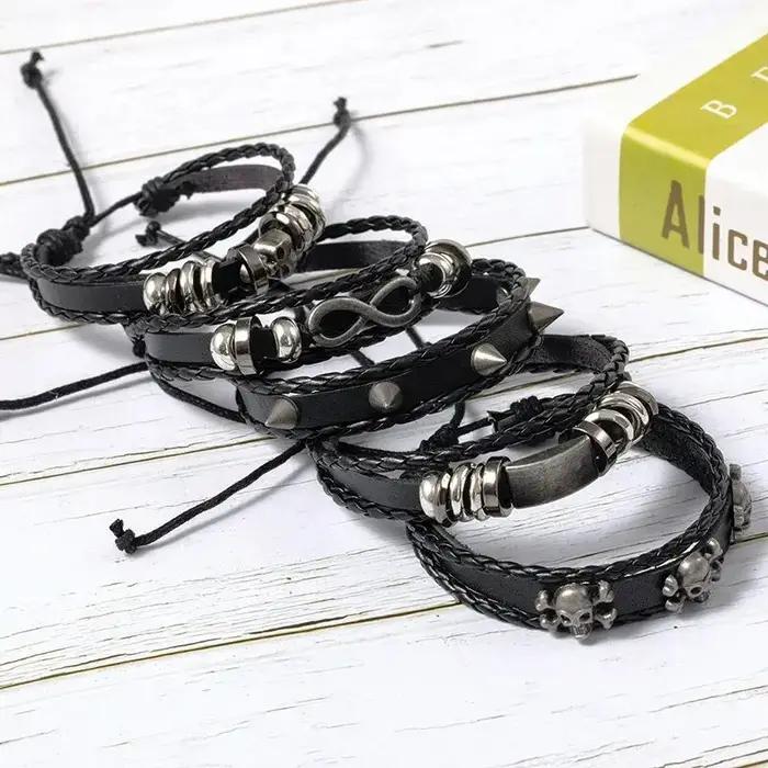Ensemble de bracelets punk tressés en cuir et alliage de zinc violet pour homme et femme, style unique et résistant pour toutes les occasions