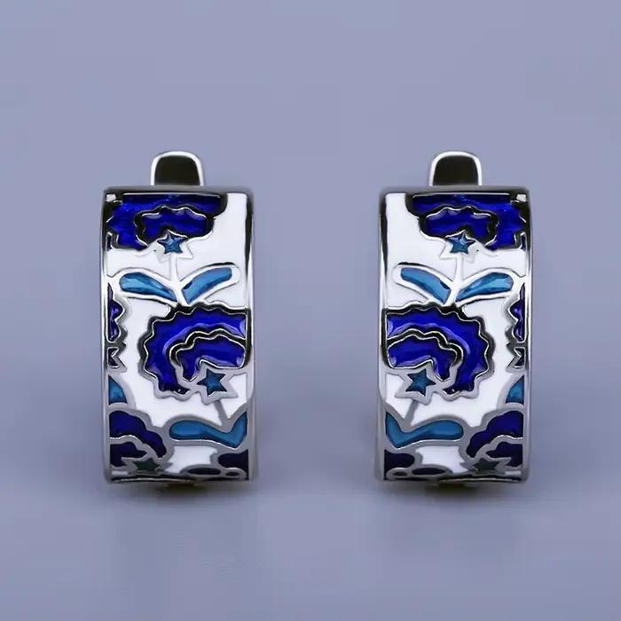 925 argent classique créatif à la main bleu émail boucles d'oreilles pour dames fleur forme