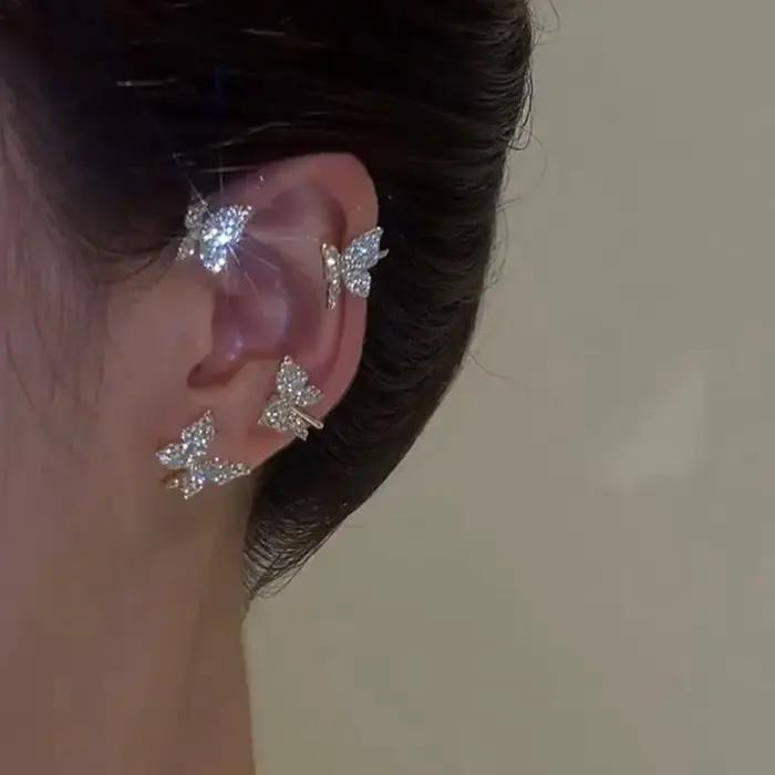 Boucles d'oreilles à Clip papillon en feuille de métal plaqué argent pour femmes
