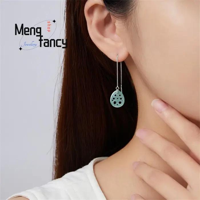 Boucles d'oreilles en jadéite naturelle avec fil d'oreille en argent S925, style ancien personnalisées pour femmes, bijoux à la mode pour occasions spéciales