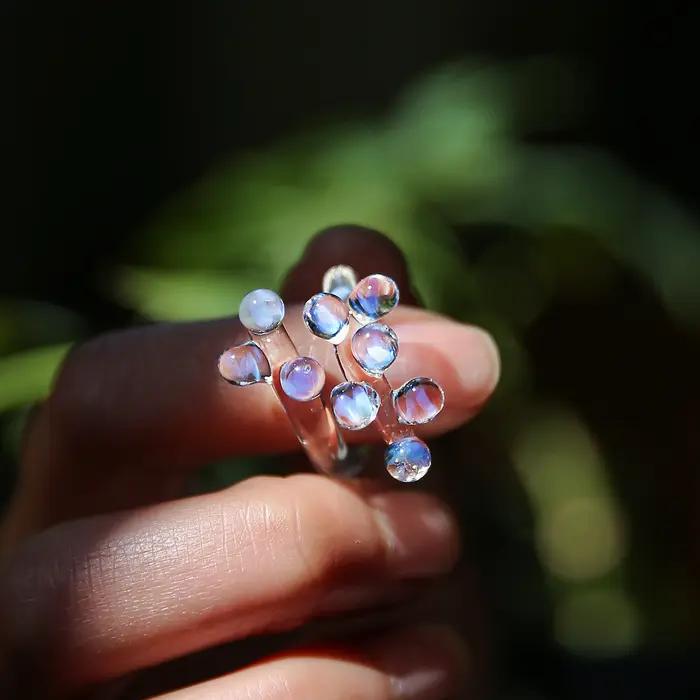 Bague en forme de goutte de rosée en verre arc-en-ciel, 1 pièce, faite à la main, boule colorée, bag