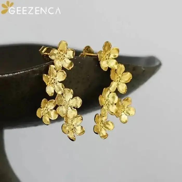GEEZENCA bijoux brossés 925 en argent Sterling 3D fleur boucles d'oreilles femmes délicat concepteur à la mode déclaration boucle d'oreille cadeau de fête