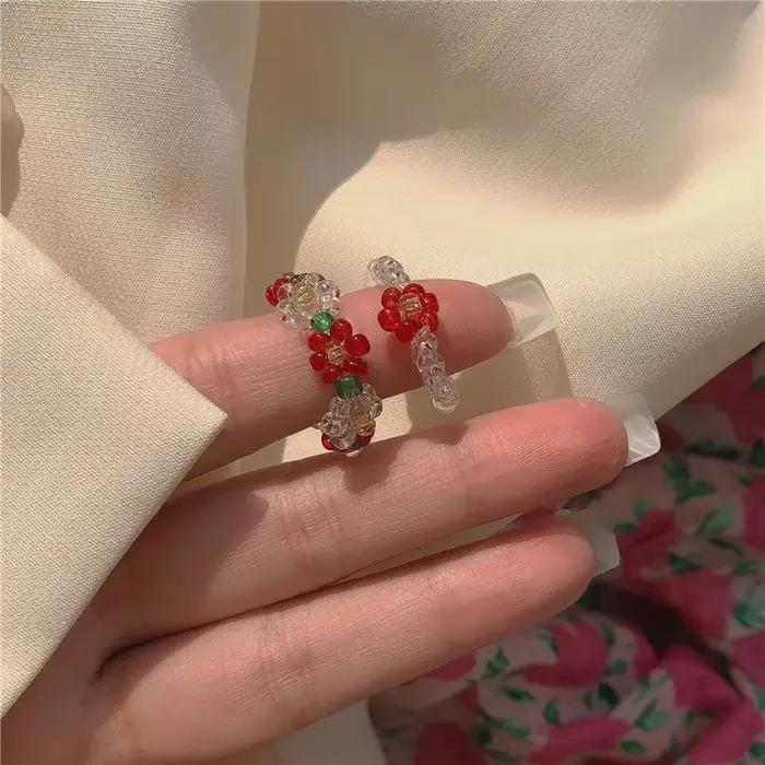 Nouvelle bague fleur tissée à la main, Sweet Little Qing, tendance ins, anneau élastique réglable perlé pour femmes