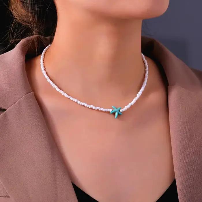 Collier bohème avec pendentif étoile de mer pour femmes, perles de riz, fait à la main, Imitation de