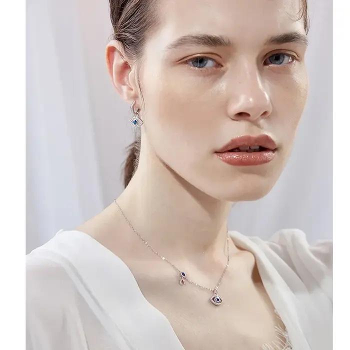 Collier Mauvais Œil en Argent Sterling 925 avec Zircone Bleue Pendentif Protection Femmes Occasions Spéciales