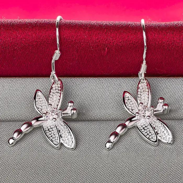 Boucles d'oreilles libellule exquises en argent Sterling 925 de luxe