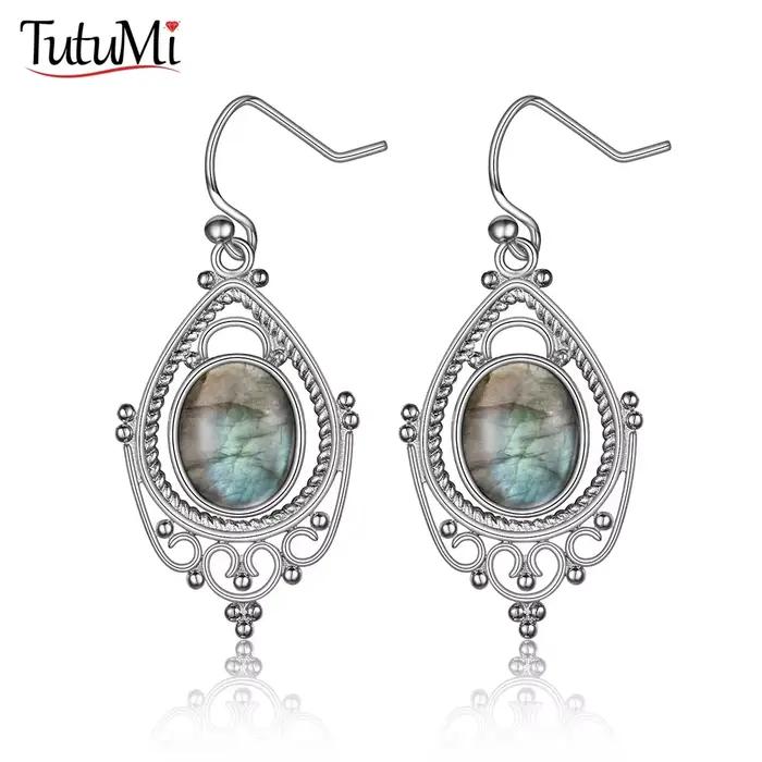 Boucles d'oreilles ovales en argent Sterling 925, Labradorite naturelle, 8x10mm, bijoux ethniques Vintage, cadeau pour femmes