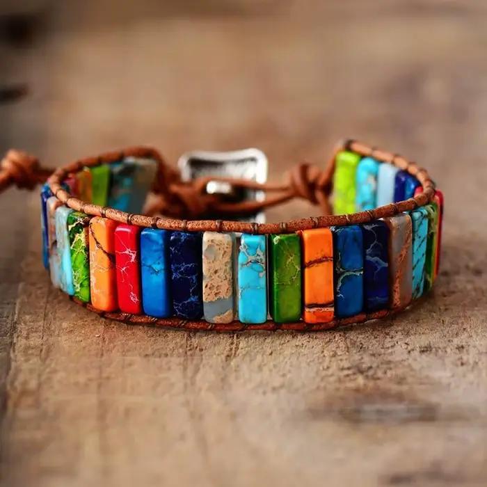 Bracelet bohème multicolore en pierre impériale, 7 chakras, pierres rectangulaires, bracelet en corde de cuir, bijoux de poignet K0