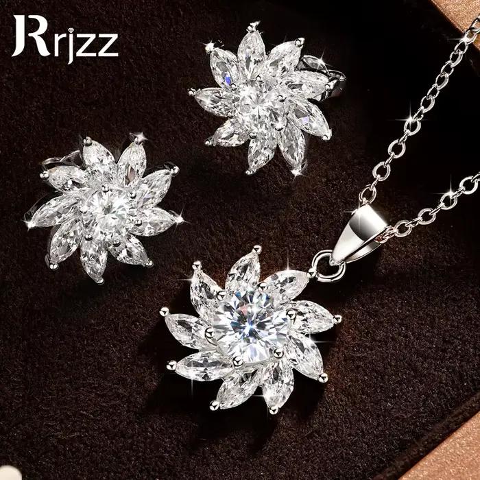 Rrjzz Parure de bijoux pour femme avec collier et boucles d'oreilles clous, Moissanite couleur D taille Marquise 5mm 6mm, Zircon 5A, Halo Tournesol, Cadeaux