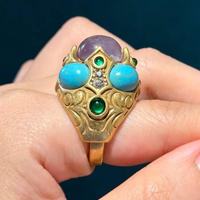 Bagues Turquoise Vintage avec pierre violette naturelle pour femmes
