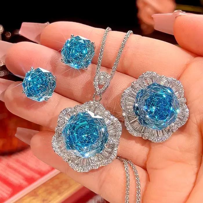 Collier fleur de camélia cristal bleu violet rose réglable bague plaqué or rose bijoux élégants pour femmes occasions spéciales
