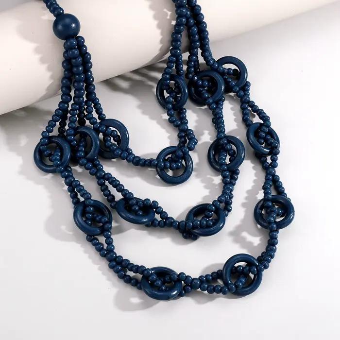 Long collier de perles en bois multicouches pour femmes, fait à la main, tendance bohème, rétro, vacances, bijoux, accessoires, été, 2024