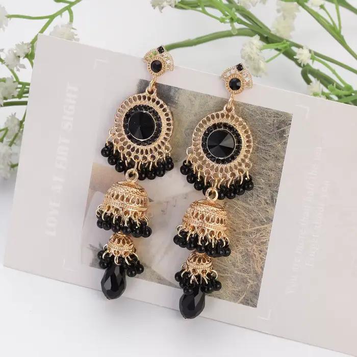 Boucles d'oreilles ethniques de luxe pour femmes, couleur or, Jhumka, Vintage, rondes, longues, pendantes, bijoux de mariage, 2023