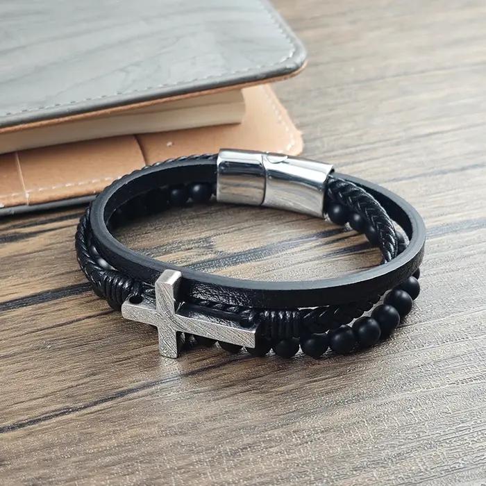 Bracelet croisé en cuir tressé multicouche pour homme