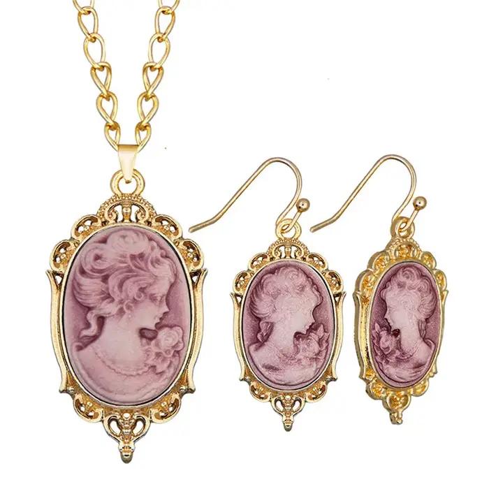 Victoria pendentif dame reine camée collier boucle d'oreille ensemble pour les femmes couleur or rouge blanc perle bijoux de mode
