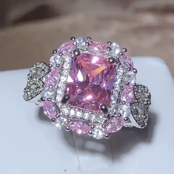 Bague carrée en Zircon rose scintillant pour femme