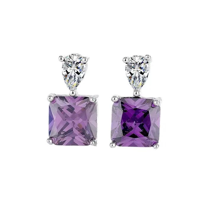 Boucles d'oreilles pendantes en cristal violet pour femmes, zircon taillé carré en forme de goutte d'eau, clous d'oreilles en argent 925, bijoux de mariée