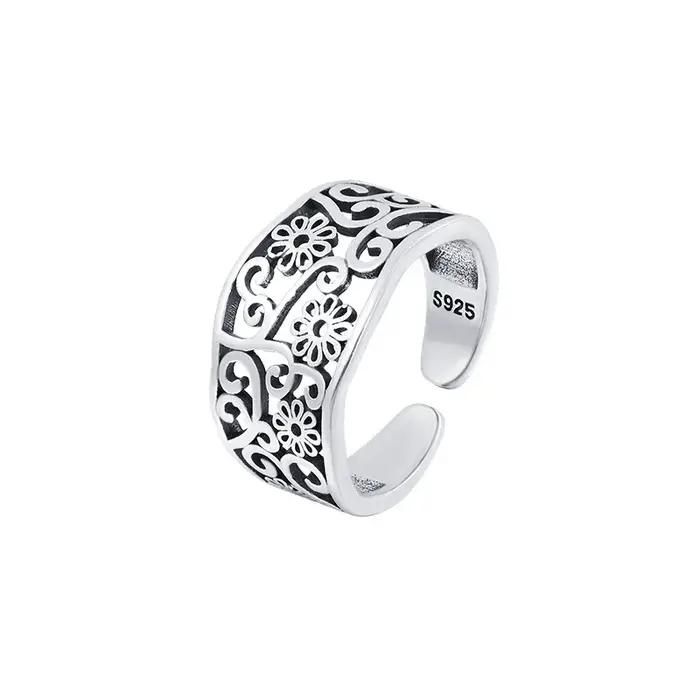 Bague élégante en argent sterling 925 avec fleur gravée, ajustable, pour femme, idéale pour les fête