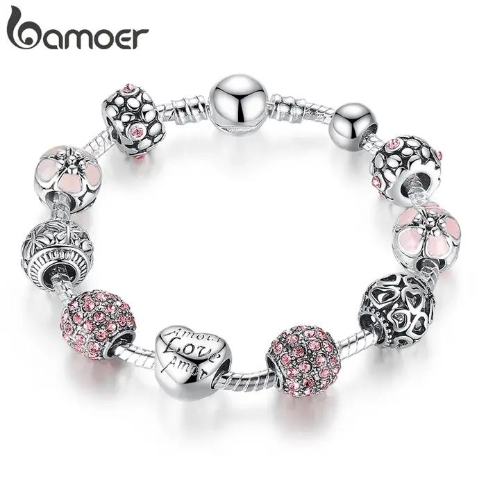 BAMOER – Bracelet à breloques plaqué argent avec perles d'amour et de fleurs