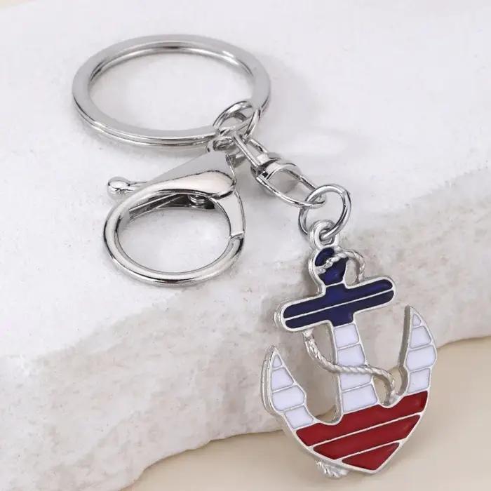 Porte-clés ancre nautique en émail pendentif métal rouge blanc bleu accessoire mode femmes hommes breloque sac cadeau fête noël occasion spéciale